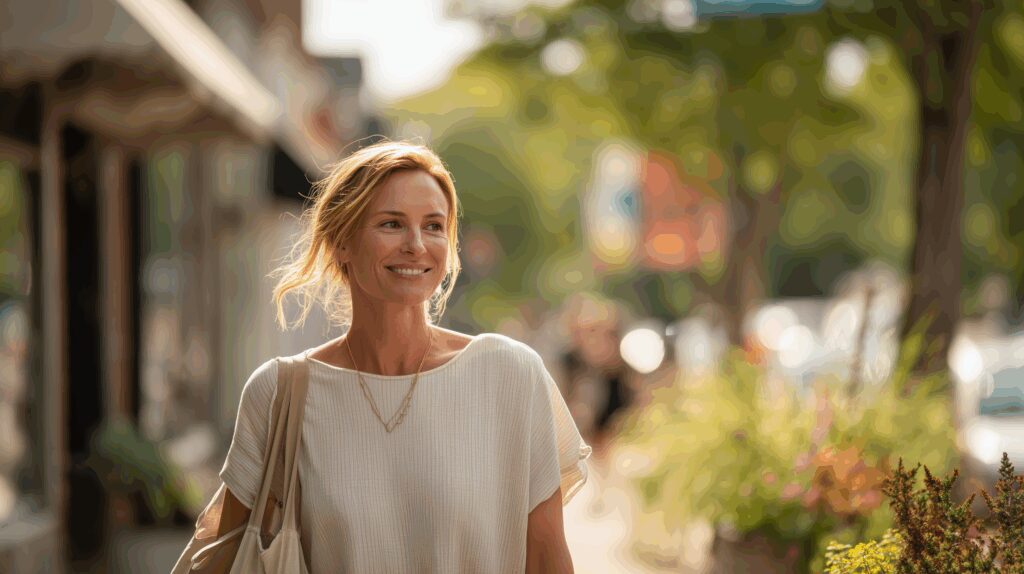 Woman walking in a sunny street.