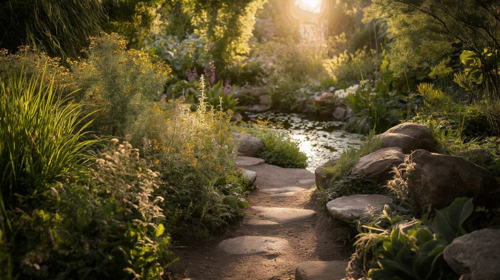 Sunlit garden path with wildflowers.