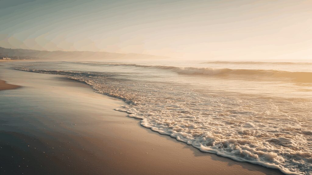 Serene beach with gentle waves at dawn.