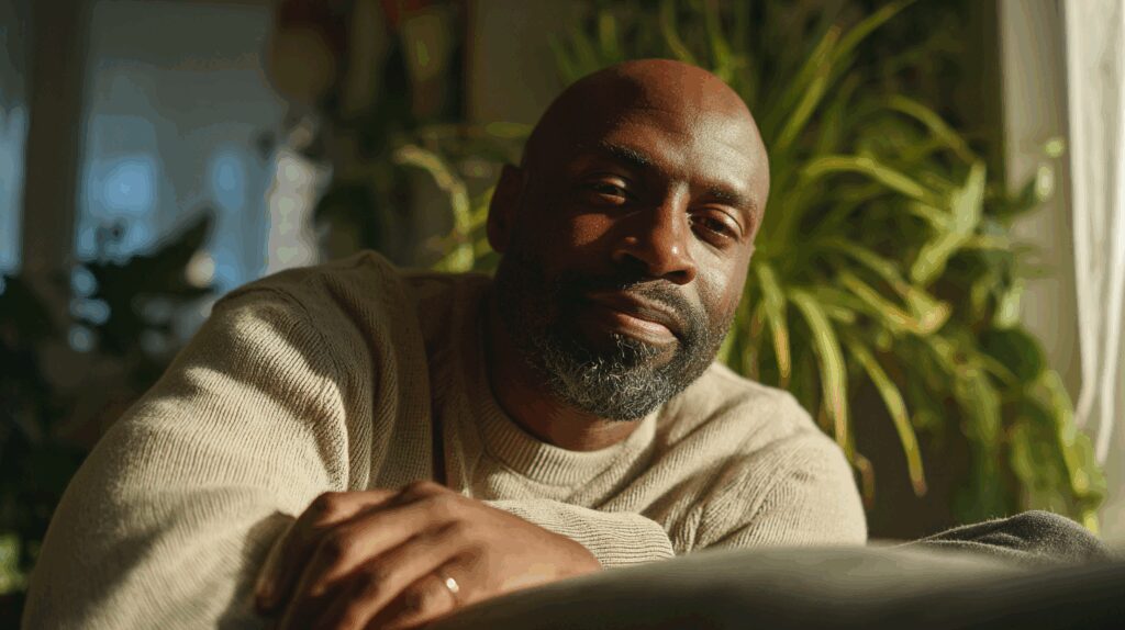 Man relaxing among indoor plants.