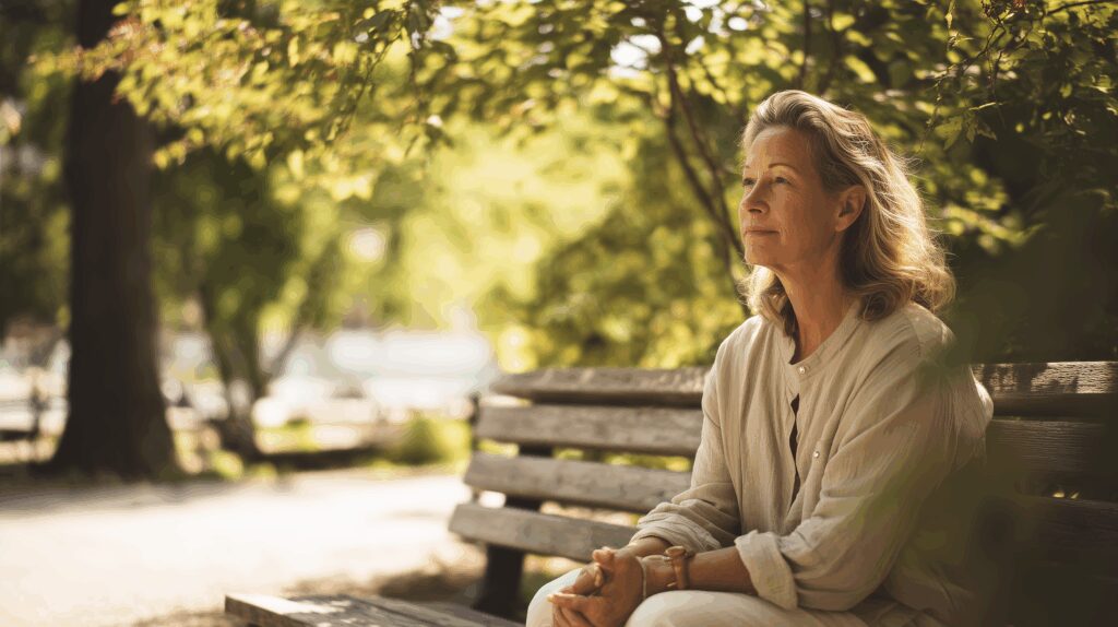 Woman sitting on a park bench.