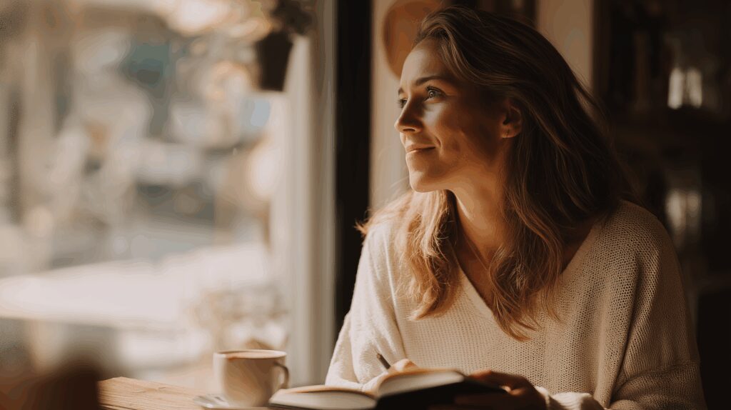 Woman reading in a cozy café.
