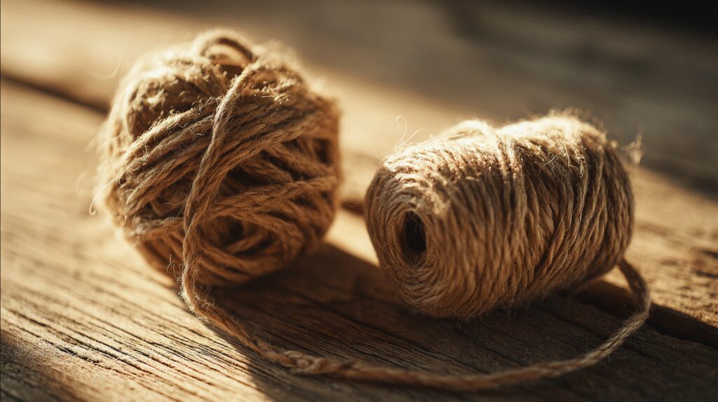 Close-up of tangled twine beside a straight piece of twine on a wooden table in warm sunlight, symbolizing stress and anxiety.