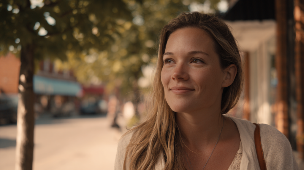 Candid documentary street photo of an everyday woman in her early 30s walking alone