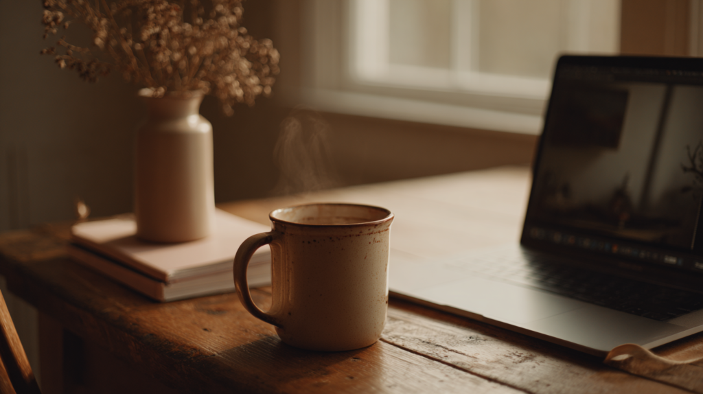 Close-up documentary photograph of an open laptop on a worn oak kitchen table, screen showing a soft-blurred video call interface with no readable text, a chipped cream ceramic mug of steaming tea beside it, a small sprig of dried eucalyptus in a low vase just out of focus in the background, a notebook closed beneath one corner of the laptop, late morning sidelight from a window catching the steam and the rim of the mug,