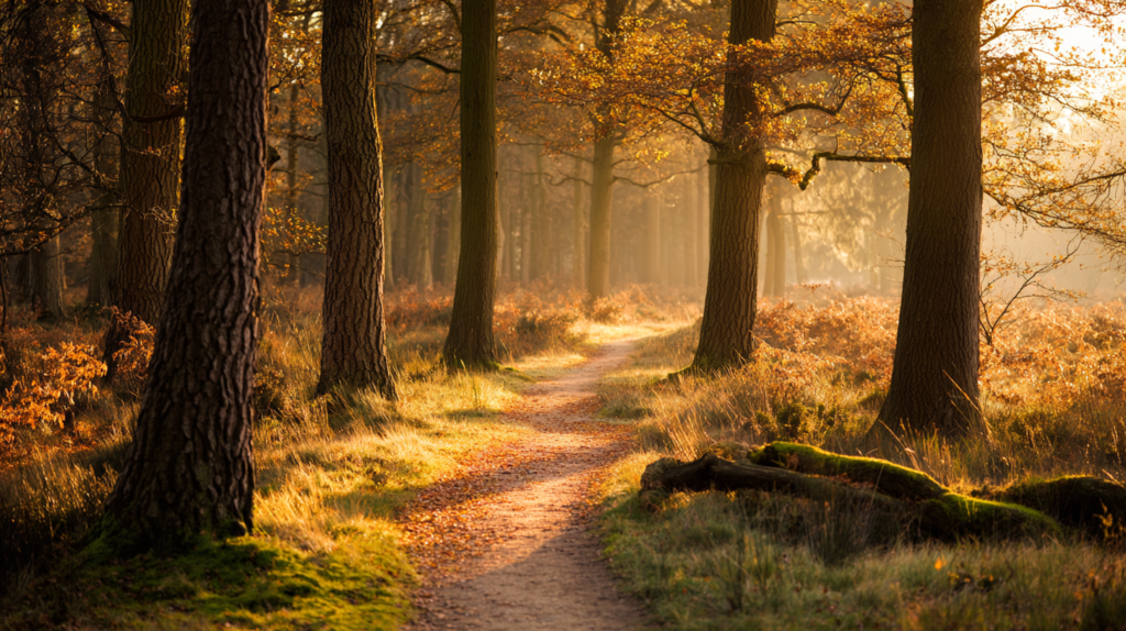 Editorial documentary photograph of a soft dirt footpath winding gently through a quiet wooded grove in early autumn morning, the path lit clearly ahead in warm golden tones, tall trees with real bark texture flanking either side, leaves just beginning to turn amber and soft gold, patches of moss along the path edges, a fallen branch resting off to one side, scattered amber leaves underfoot, morning sun breaking through the canopy in long warm shafts with pollen and dust visible in the beams, no people in frame, Editorial documentary photograph of a soft dirt footpath winding gently through a quiet wooded grove in early autumn morning, the path lit clearly ahead in warm golden tones, tall trees with real bark texture flanking either side, leaves just beginning to turn amber and soft gold, patches of moss along the path edges, a fallen branch resting off to one side, scattered amber leaves underfoot, morning sun breaking through the canopy in long warm shafts with pollen and dust visible in the beams, no people in frame,