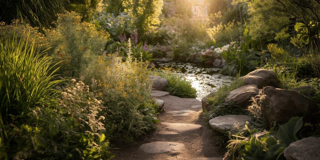 Sunlit garden path with wildflowers.