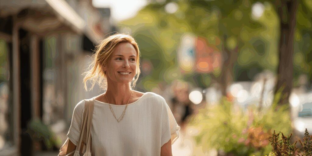 Woman walking in a sunny street.
