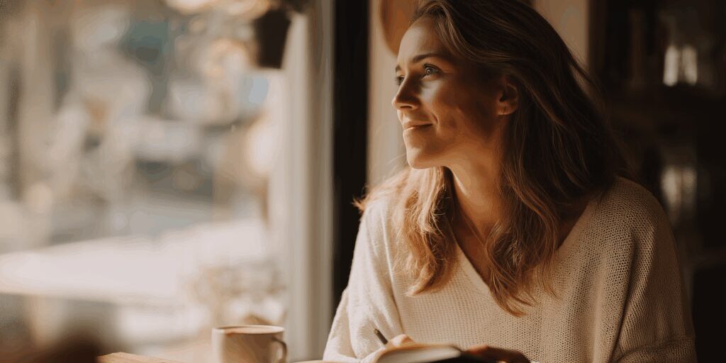 Woman reading in a cozy café.