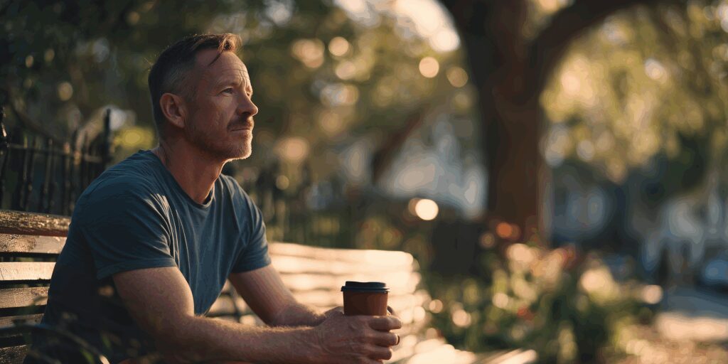 Man sitting on a bench, holding coffee.