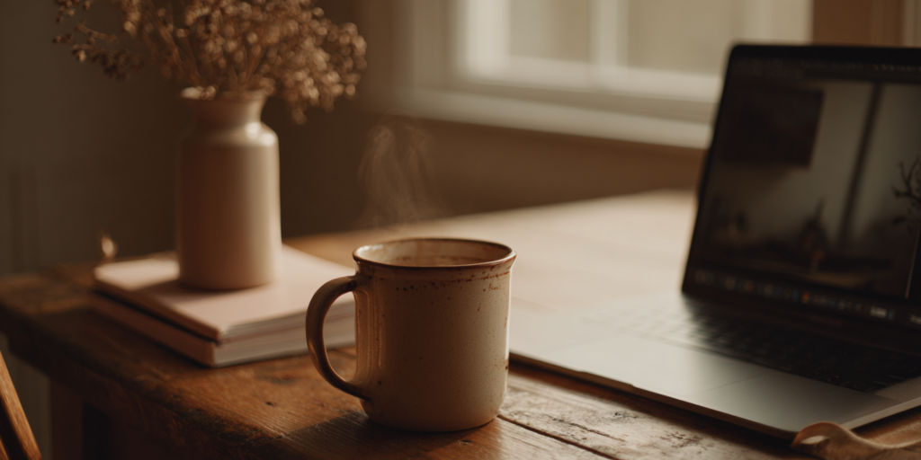 Close-up documentary photograph of an open laptop on a worn oak kitchen table, screen showing a soft-blurred video call interface with no readable text, a chipped cream ceramic mug of steaming tea beside it, a small sprig of dried eucalyptus in a low vase just out of focus in the background, a notebook closed beneath one corner of the laptop, late morning sidelight from a window catching the steam and the rim of the mug,