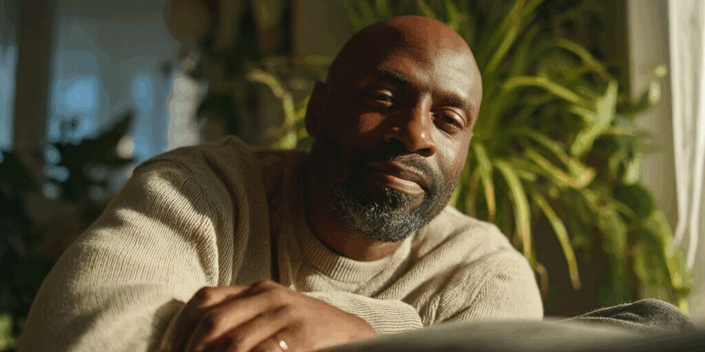 Man relaxing among indoor plants.