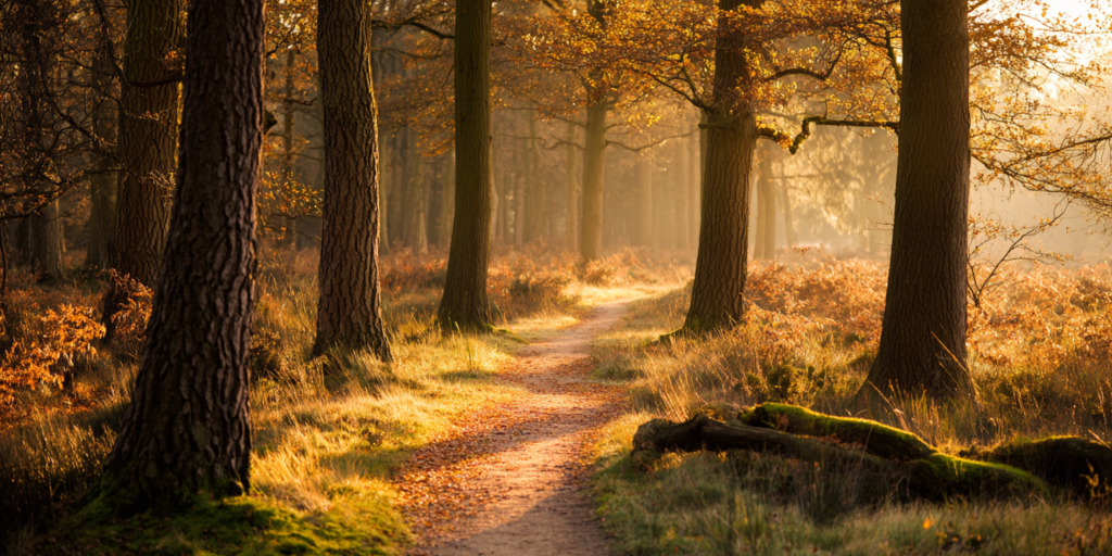 Editorial documentary photograph of a soft dirt footpath winding gently through a quiet wooded grove in early autumn morning, the path lit clearly ahead in warm golden tones, tall trees with real bark texture flanking either side, leaves just beginning to turn amber and soft gold, patches of moss along the path edges, a fallen branch resting off to one side, scattered amber leaves underfoot, morning sun breaking through the canopy in long warm shafts with pollen and dust visible in the beams, no people in frame, Editorial documentary photograph of a soft dirt footpath winding gently through a quiet wooded grove in early autumn morning, the path lit clearly ahead in warm golden tones, tall trees with real bark texture flanking either side, leaves just beginning to turn amber and soft gold, patches of moss along the path edges, a fallen branch resting off to one side, scattered amber leaves underfoot, morning sun breaking through the canopy in long warm shafts with pollen and dust visible in the beams, no people in frame,