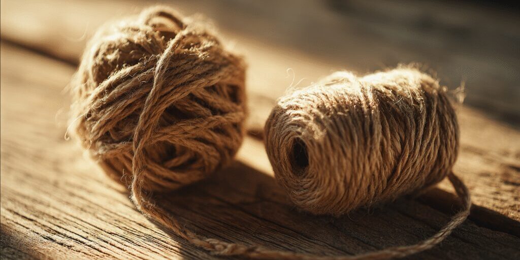 Close-up of tangled twine beside a straight piece of twine on a wooden table in warm sunlight, symbolizing stress and anxiety.